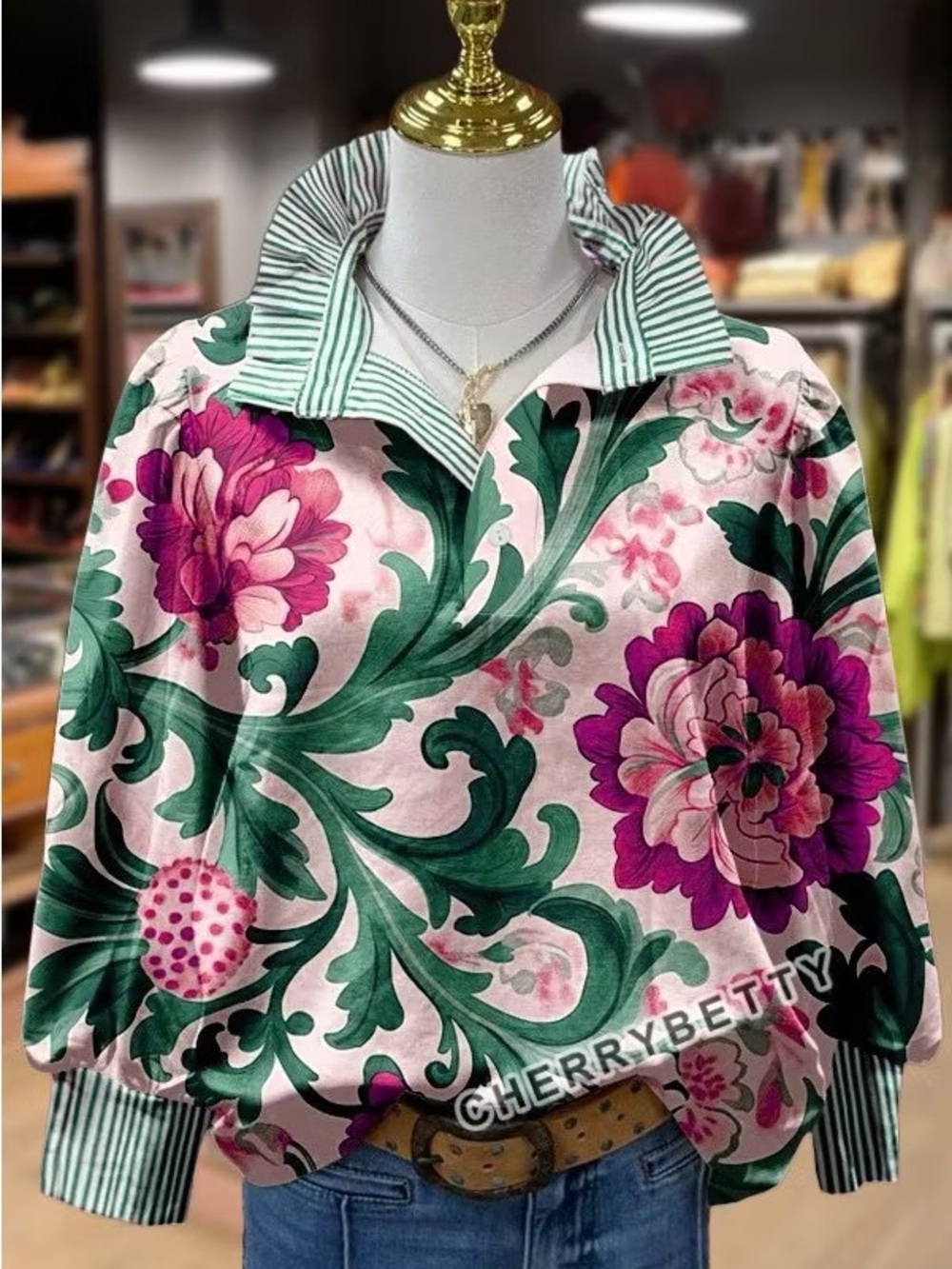 CherryBetty Floral Collared Pullover Pink & Green